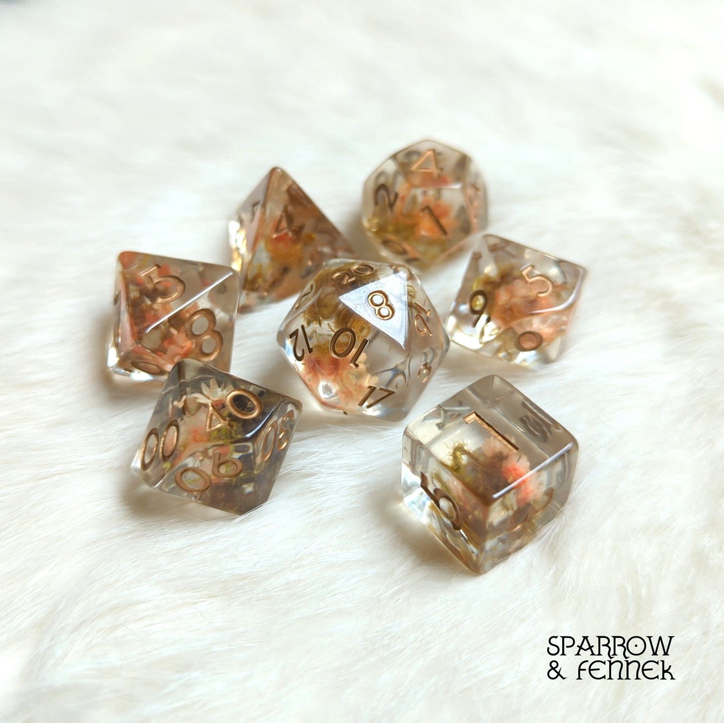 Tiny Orange Flowers and Moss DnD Dice Set - 7 Piece Polyhedral Game Dice on White Background