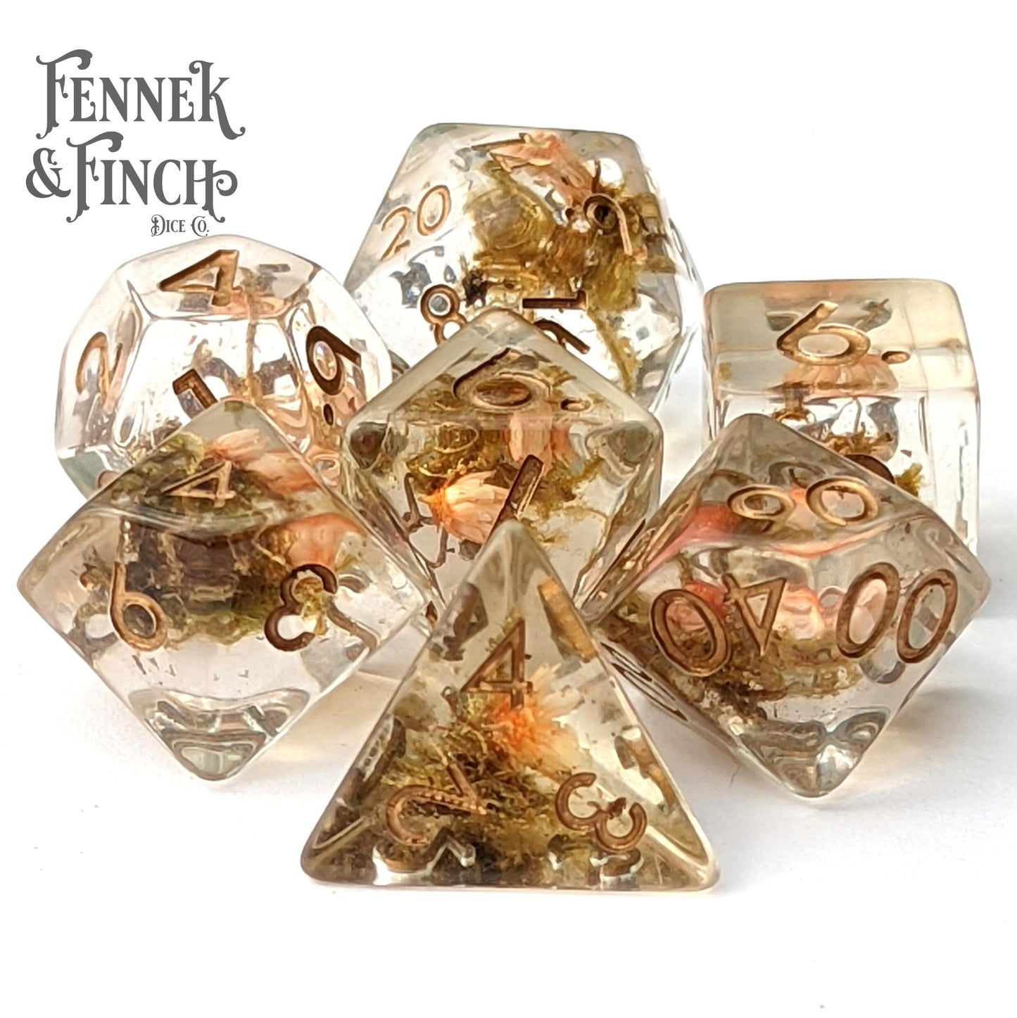 Tiny Orange Flowers and Moss DnD Dice Set - 7 Piece Dice sets Fennek and Finch