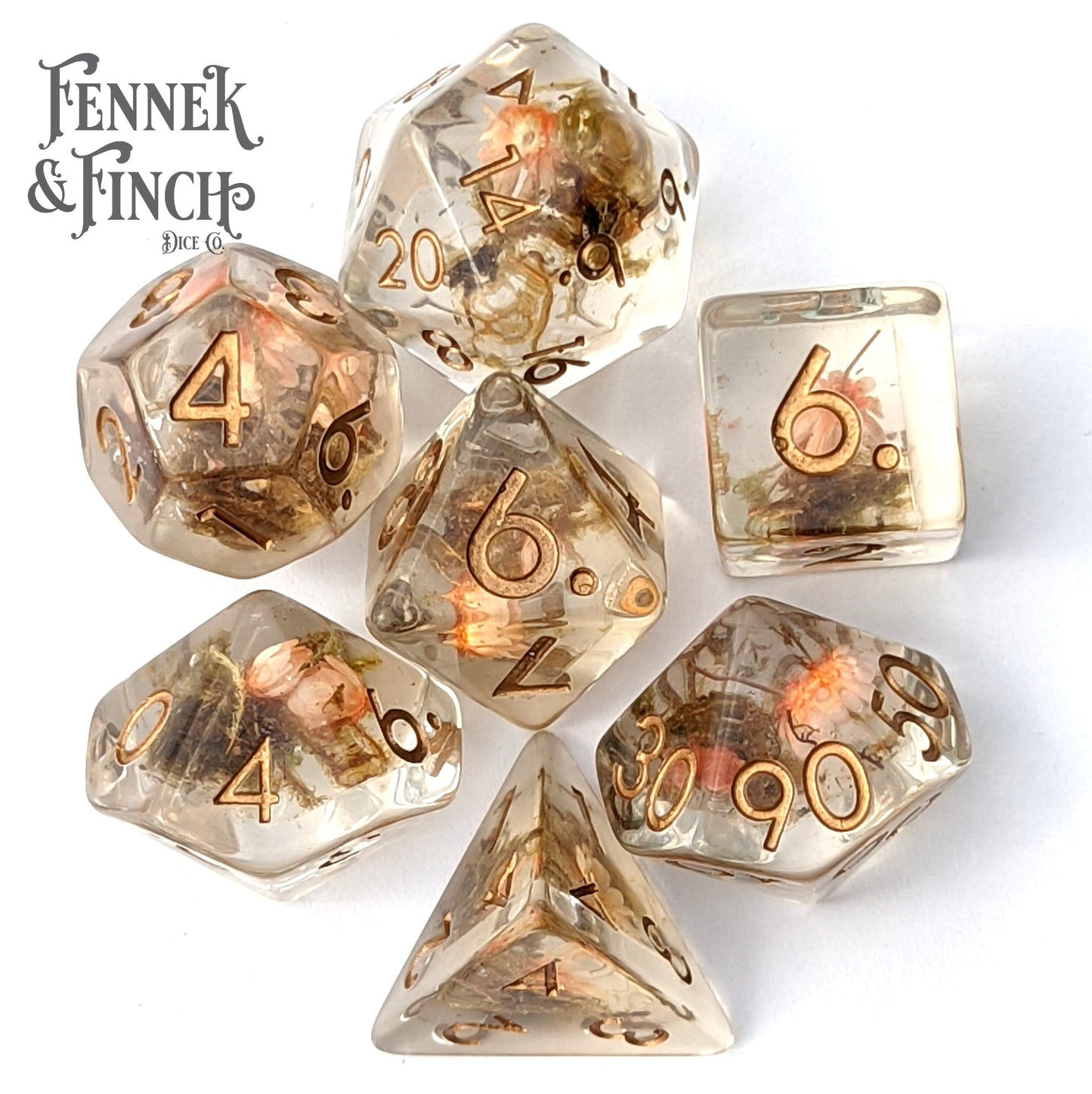 Tiny Orange Flowers and Moss DnD Dice Set - 7 Piece Polyhedral Dice by Fennek and Finch