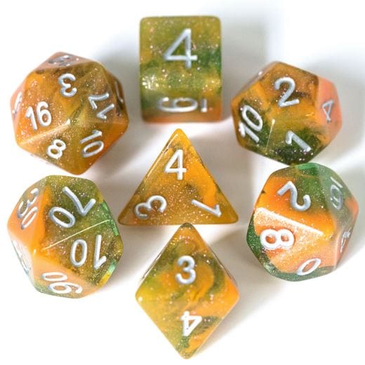 Toxins Dice Set in orange and green, shimmering polyhedral dice for DnD, includes D20, D12, D10, D%, D8, D6, D4 for TTRPGs.