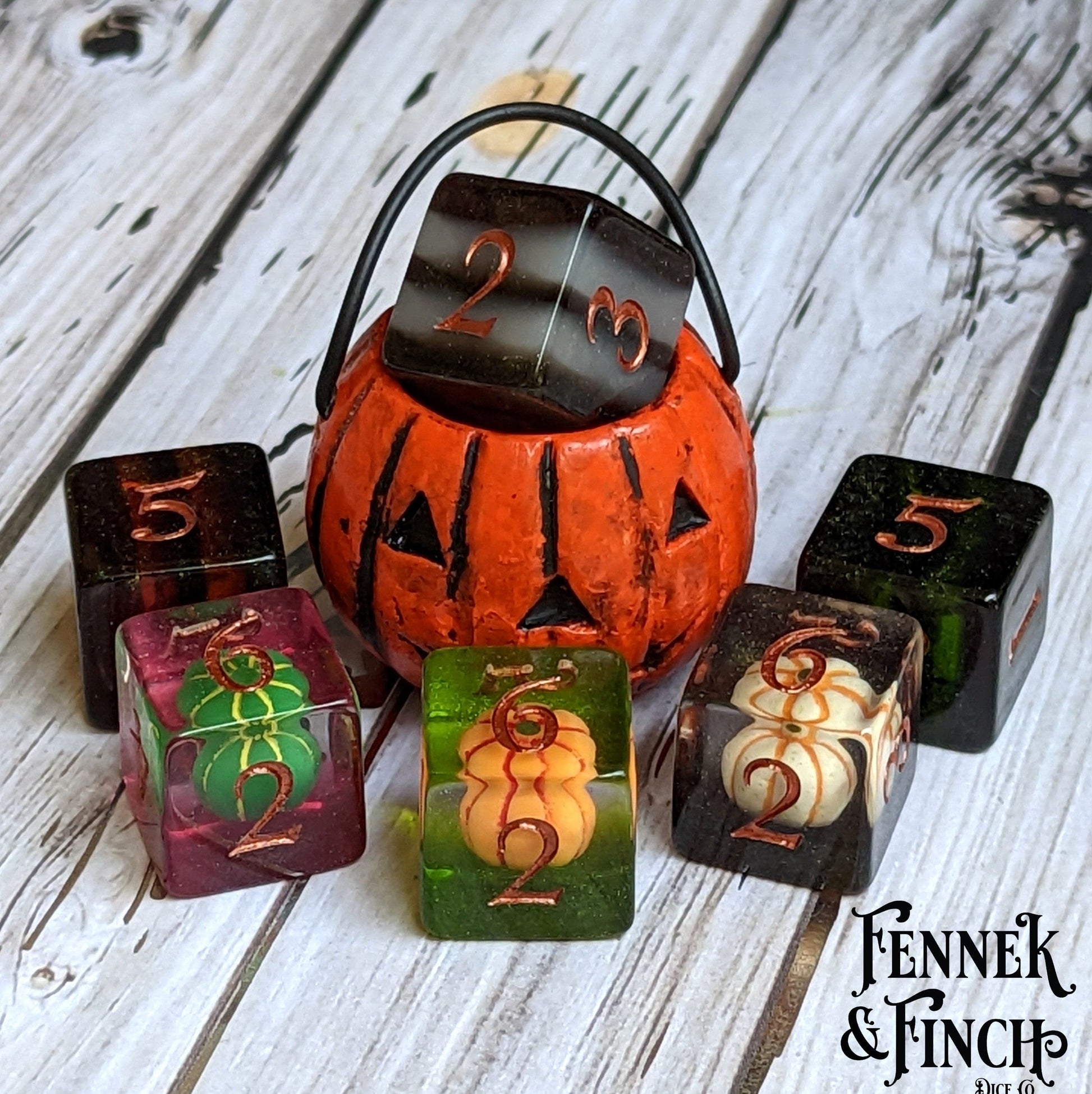 Trick or Treat D6 Dice Set. Pumpkin and stripe dice Fennek and Finch
