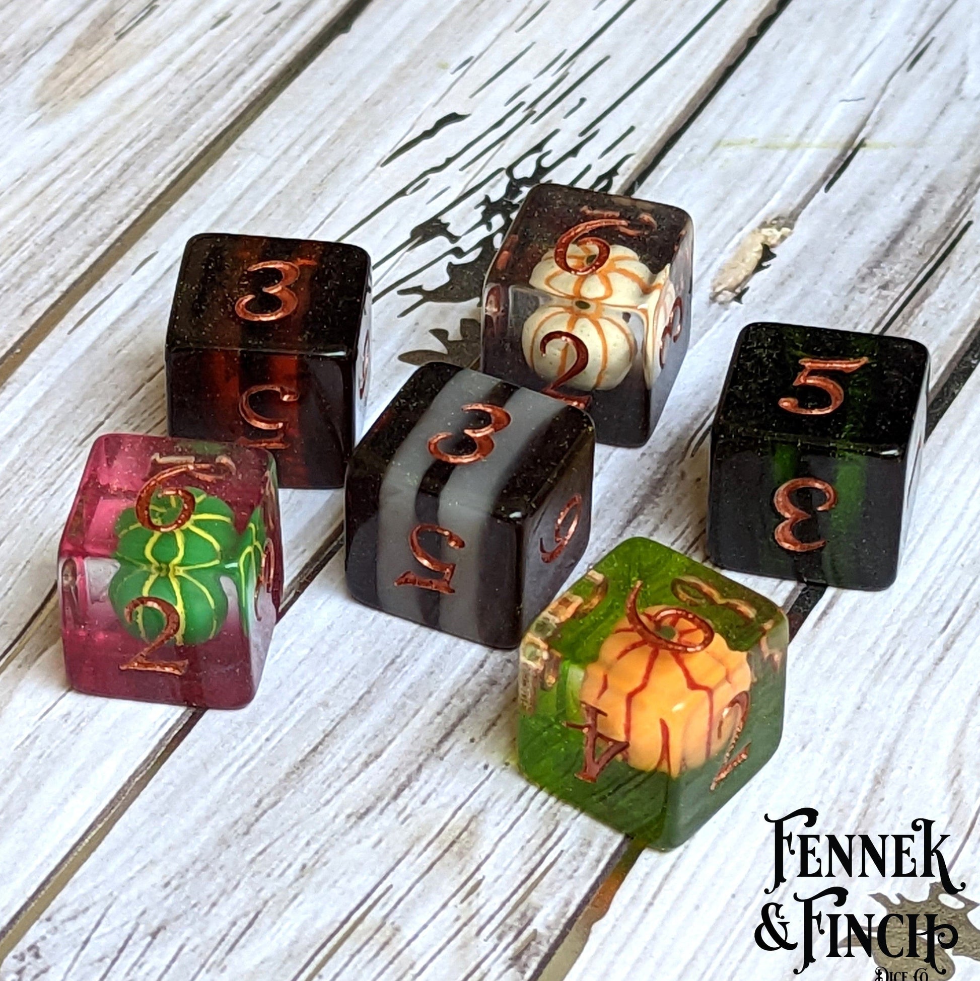 Trick or Treat D6 Dice Set. Pumpkin and stripe dice Fennek and Finch