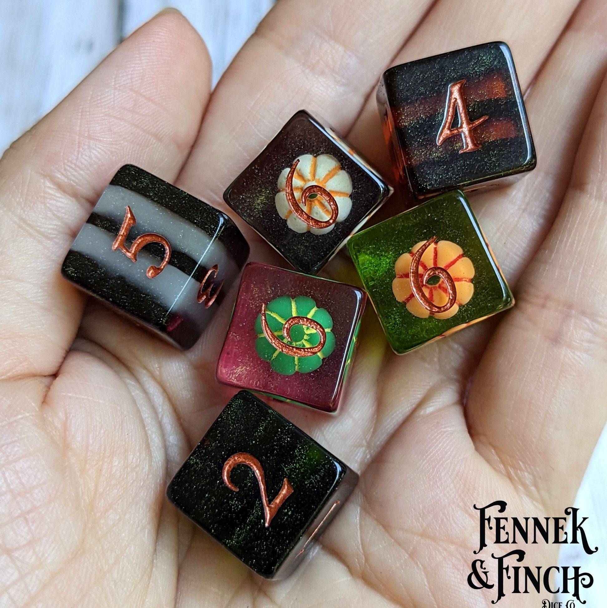 Trick or Treat D6 Dice Set. Pumpkin and stripe dice Fennek and Finch