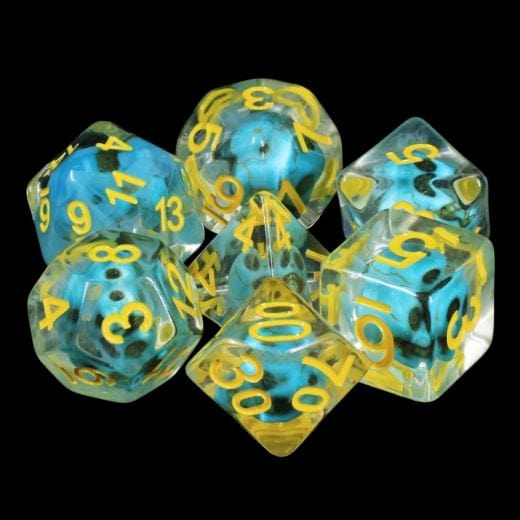 Turquoise Treasure Skull Dice Set with blue skulls in clear resin and yellow numbers, 7-piece polyhedral DnD dice for tabletop RPGs.