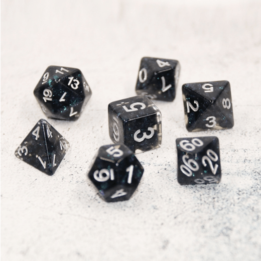 Twinkle Star Dice Set – 7 - Piece Black Blue Glitter Clear DnD Dice - Fennek and Finch