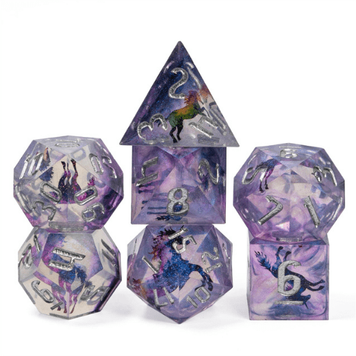 Unicorn Sharp Edge Resin Dice Set. 7 Piece DND dice set Dice Sets & Games Fennek and Finch