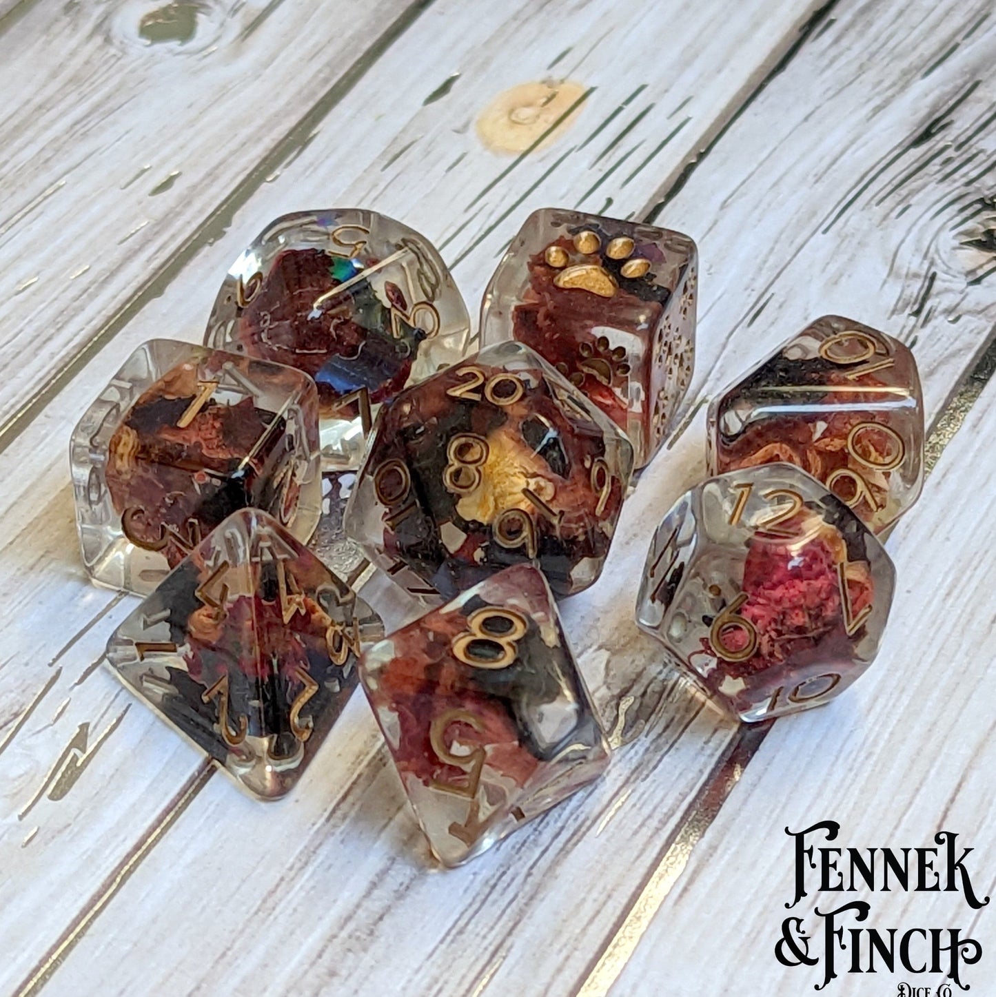 Vampire Romance Dice Set with dried rose petals and bat glitter, 8-piece polyhedral design by Therin for Dungeons and Dragons.