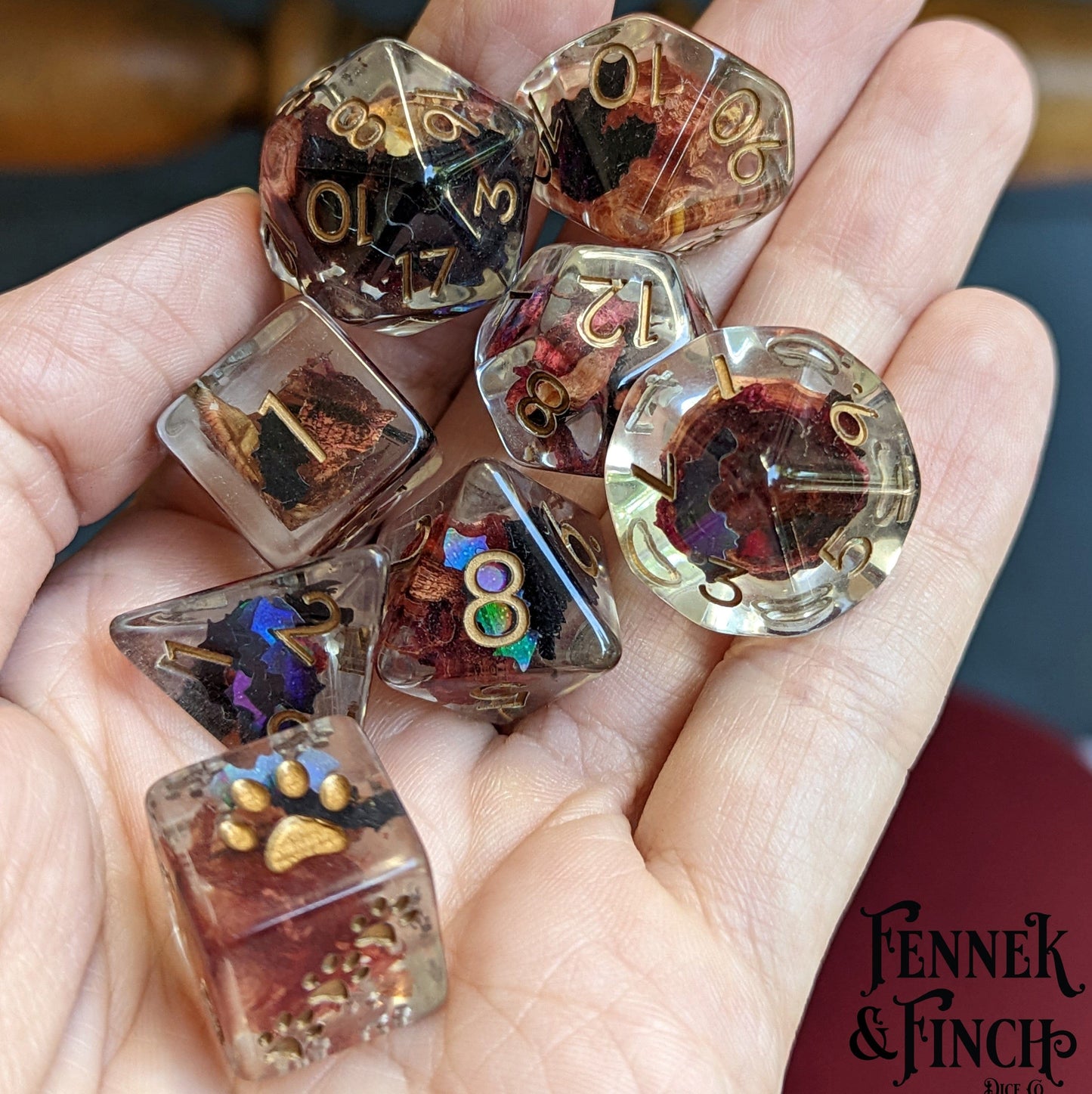 Vampire Romance Dice Set with rose petals and bat glitter, custom font and paw counters, exclusive by Fennek and Finch for TTRPGs.