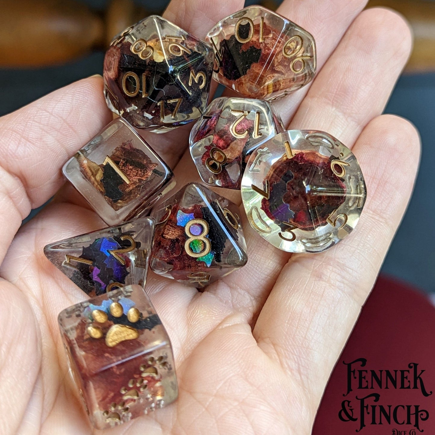 Vampire Romance Dice Set – 8-Piece with Real Rose Petals & Bats | Fennek & Finch Dice sets Fennek and Finch