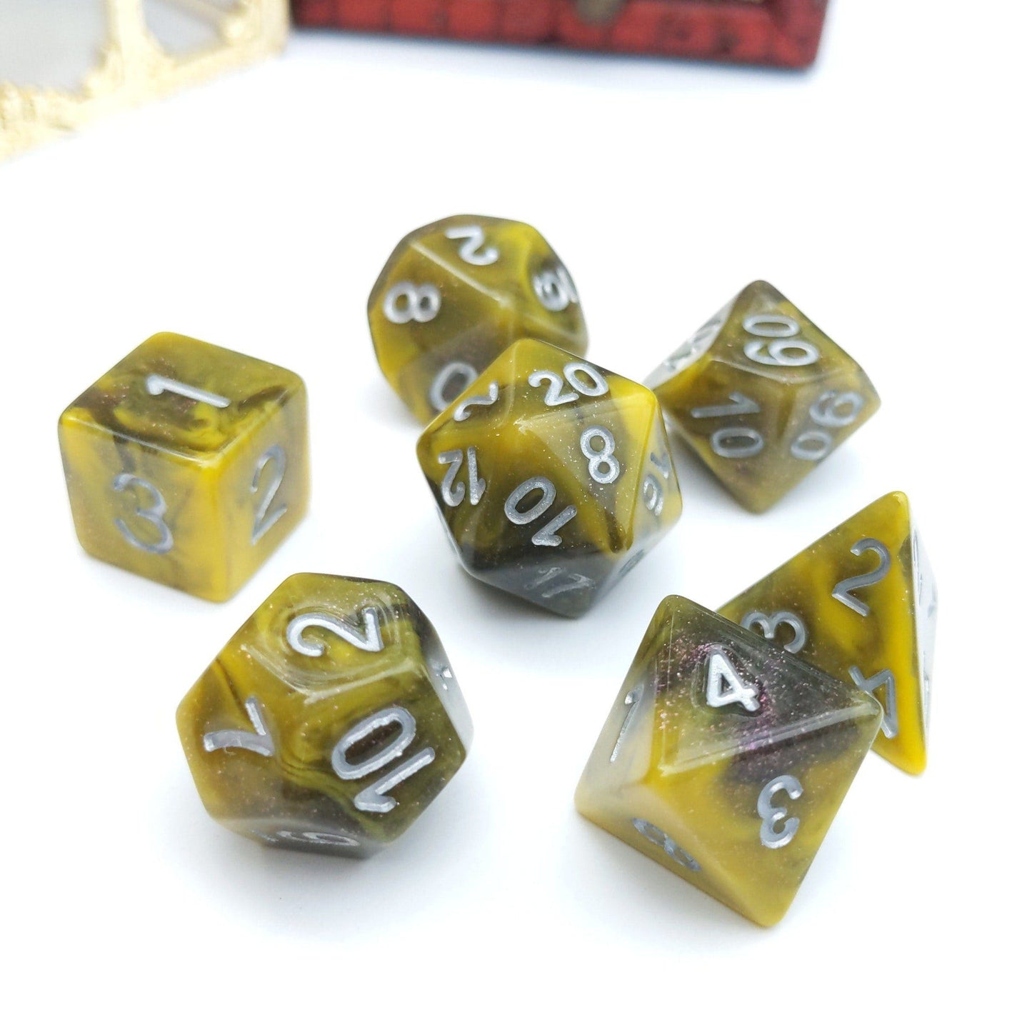 Yellow and grey Venom Dice Set for tabletop RPGs, 7 polyhedral acrylic dice with shimmering clear and opaque finish, DnD accessory