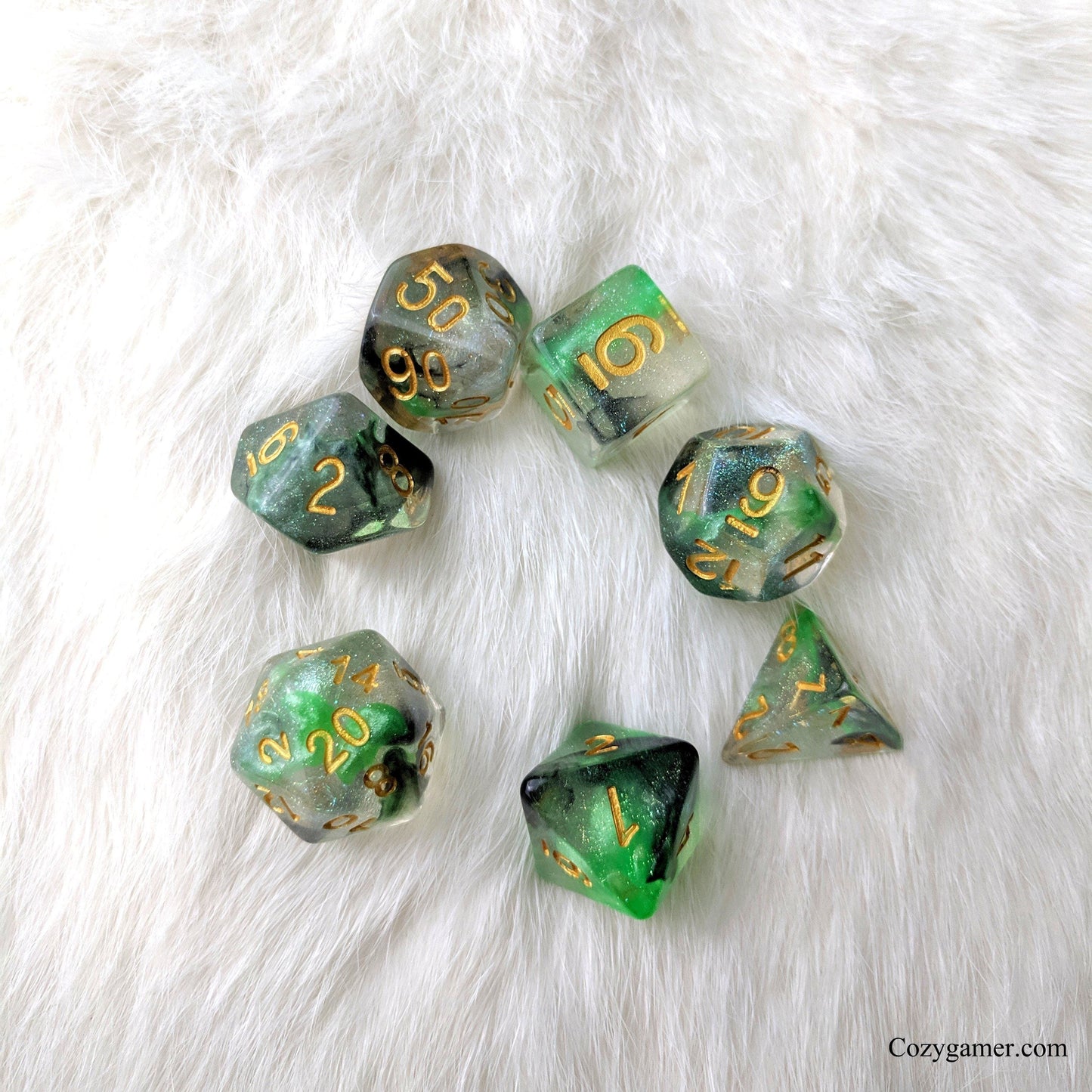 Venom DnD Dice Set, Green and Black Translucent Glitter Dice - CozyGamer