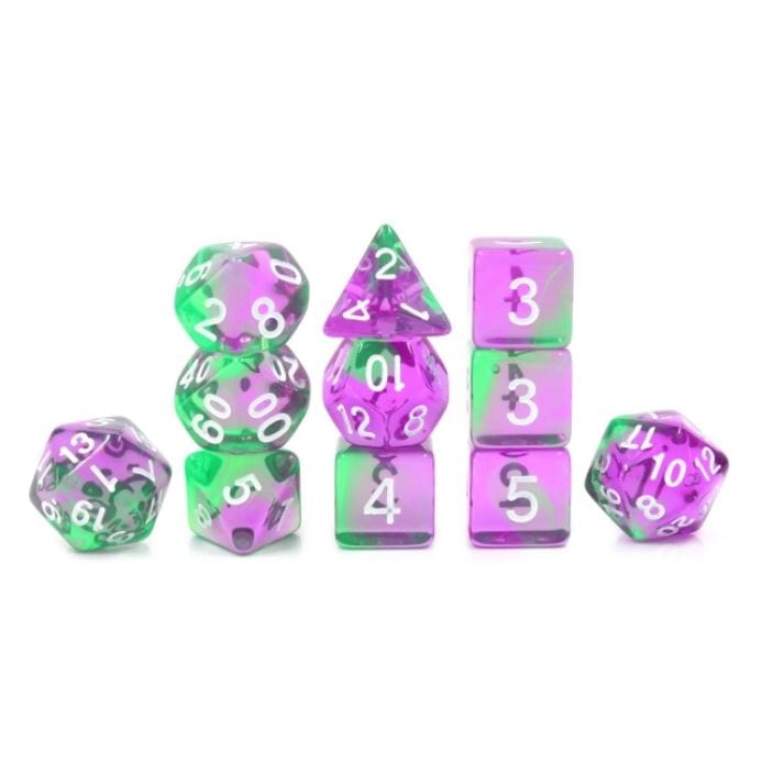 Violet Evergreen DnD dice set, marbled clear green and purple acrylic with extra D20 and 4 D6 dice for tabletop gaming.