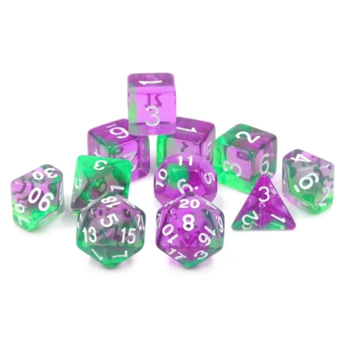 Violet Evergreen 11 Piece Dice Set, marbled green and purple acrylic DnD dice for rolling ability scores and attacks.