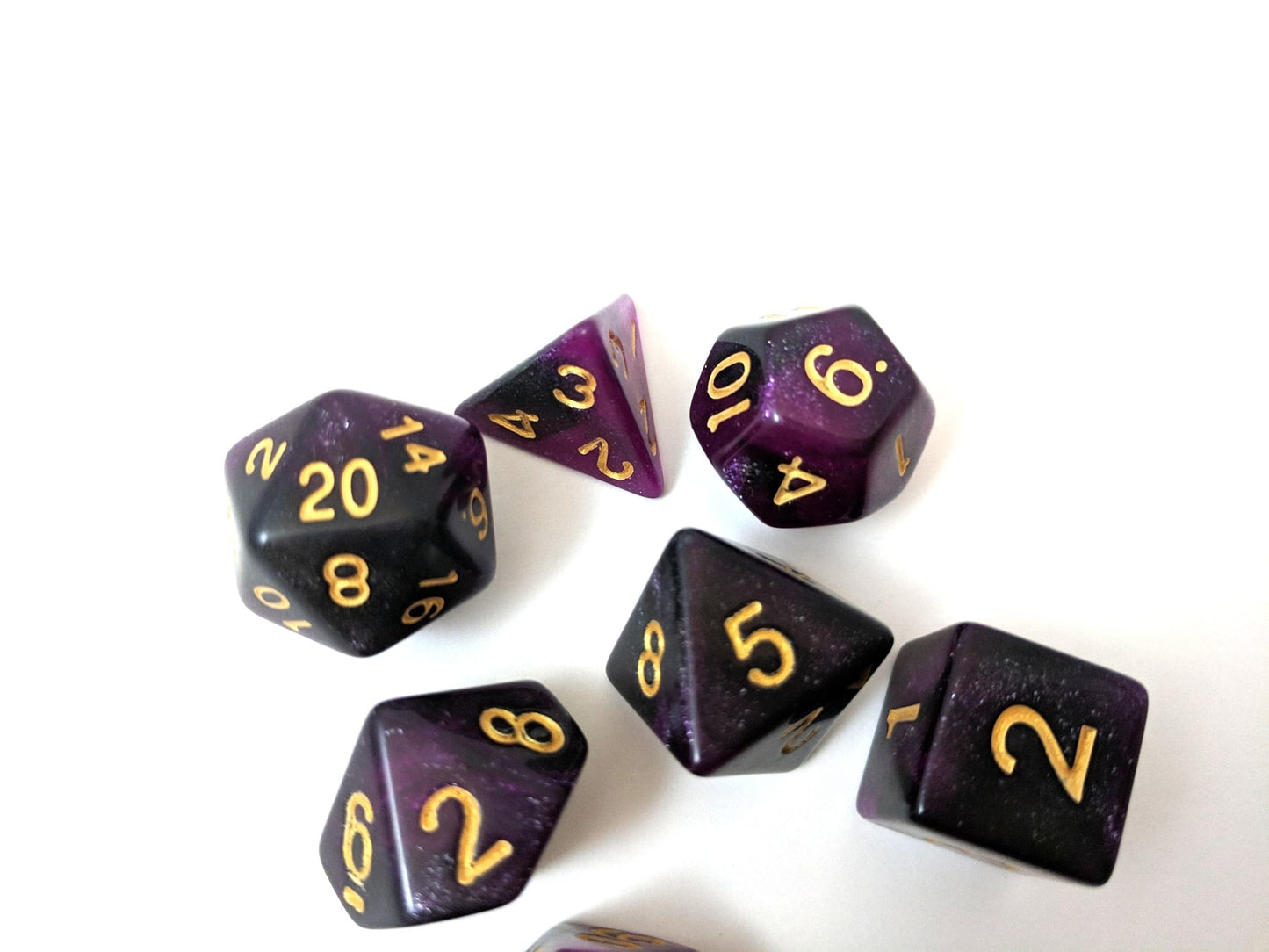 Warlock Dice Set – 7-Piece Semi-Translucent Black Purple Glitter Polyhedral Dice sets Fennek and Finch