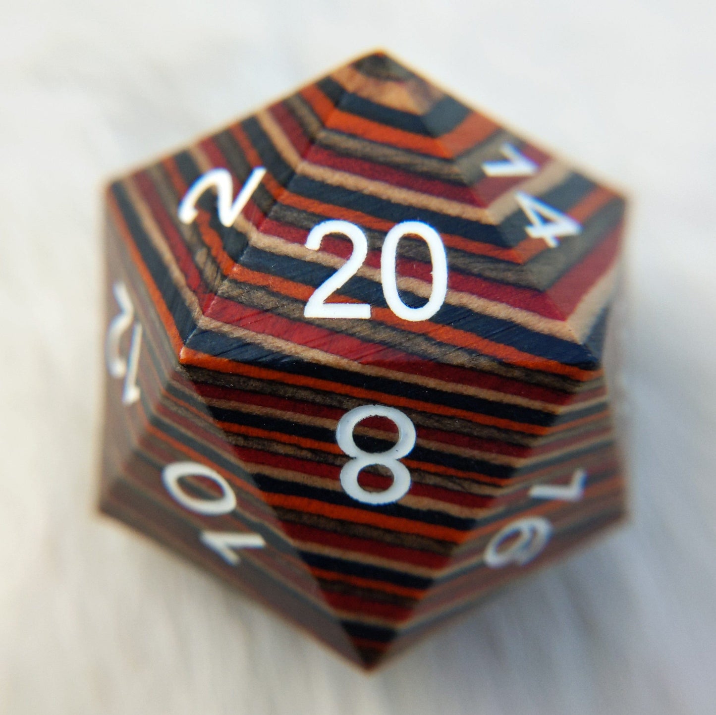 Warm Rainbow Stripe Large Wood D20 - CozyGamer