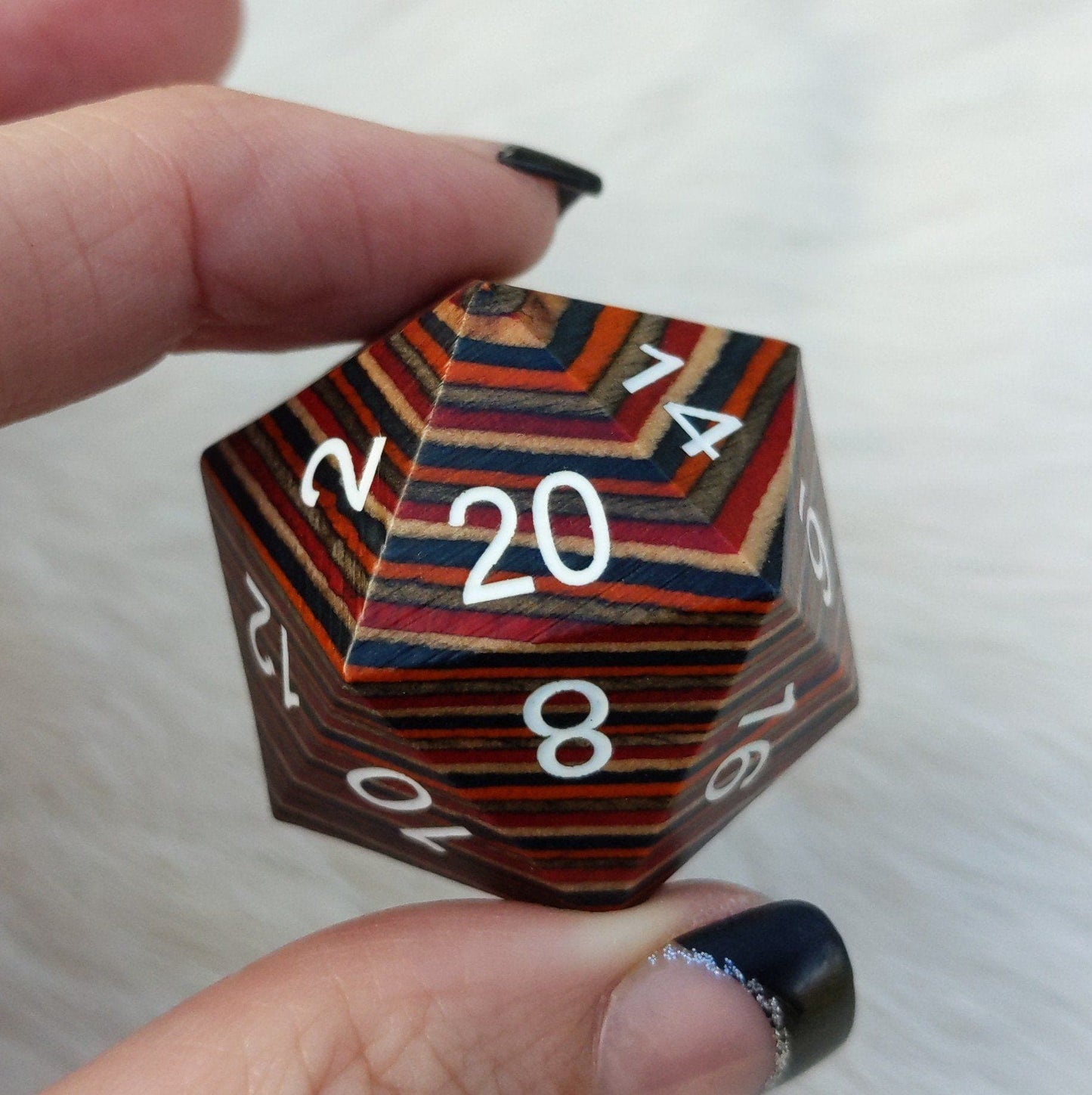 Warm Rainbow Stripe Large Wood D20 - CozyGamer