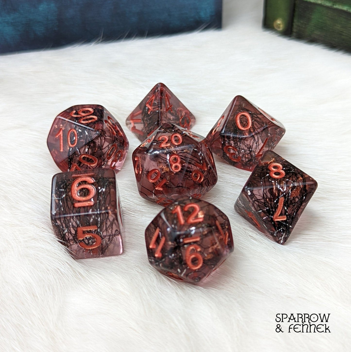 Weaver Dice Set – 7 - Piece Pink Rose with Black Thread & Copper | Fennek & Finch - Fennek and Finch