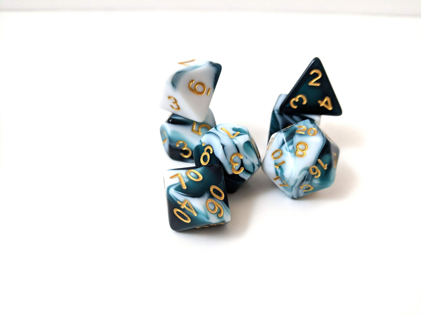 Whirlpool Blue and White Dice Set, Marbled 7 Piece D&D Dice Set Dice sets Fennek and Finch