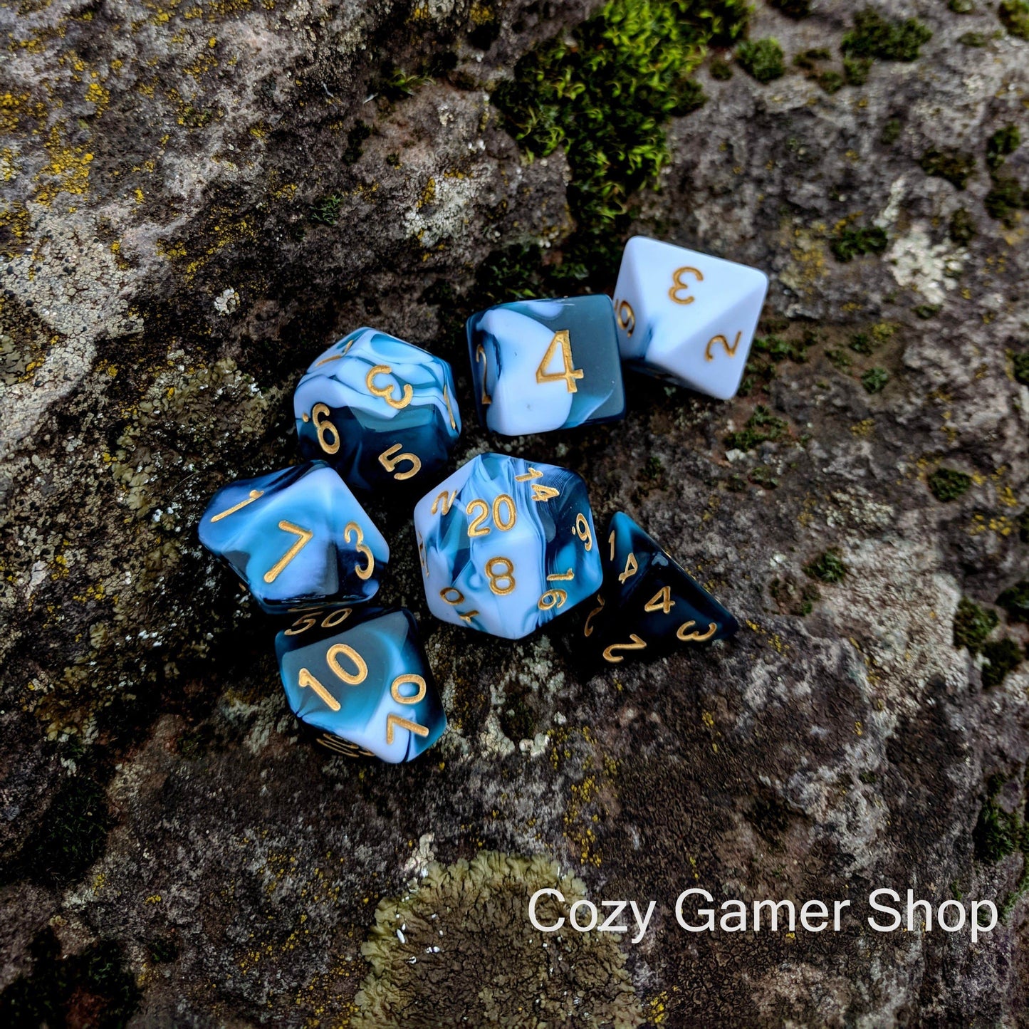 Whirlpool Blue and White Dice Set, Marbled 7 Piece D&D Dice Set Dice sets Fennek and Finch