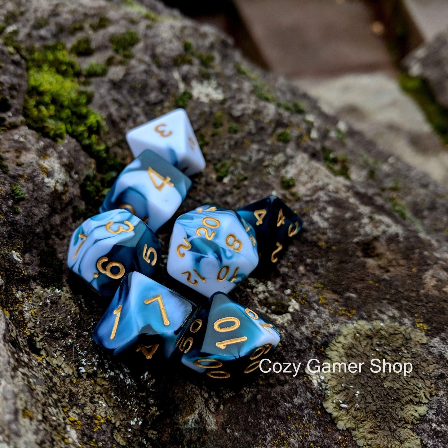 Whirlpool Blue and White Dice Set, Marbled 7 Piece D&D Dice Set Dice sets Fennek and Finch