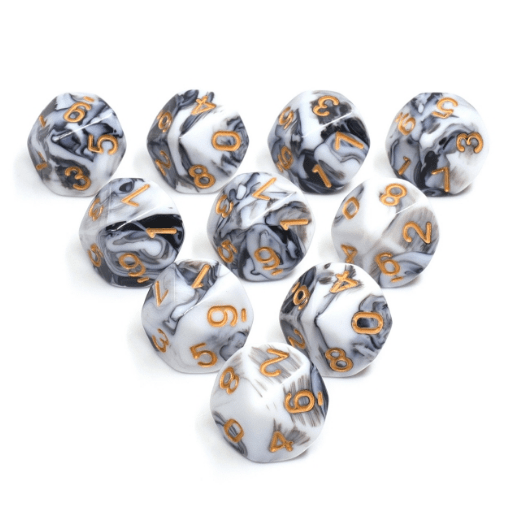 White and black marble D10 dice set, 10 piece acrylic ten-sided dice for tabletop RPGs like Vampire the Masquerade.
