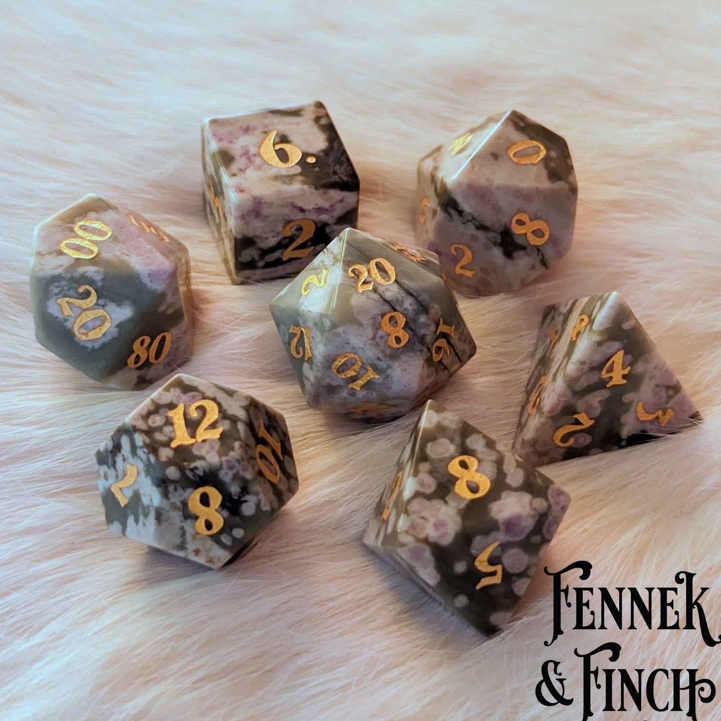 White and Green Jasper Dice Set. Real Gemstone 7 Piece TTRPG Dice Dice sets Fennek and Finch