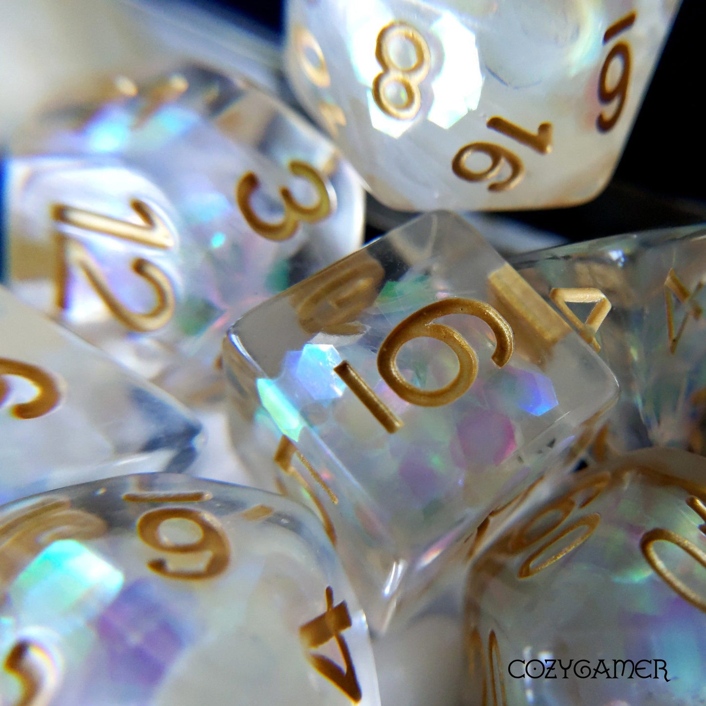 White Dragon Scales Dice Set. Iridescent Large Glitter Dice