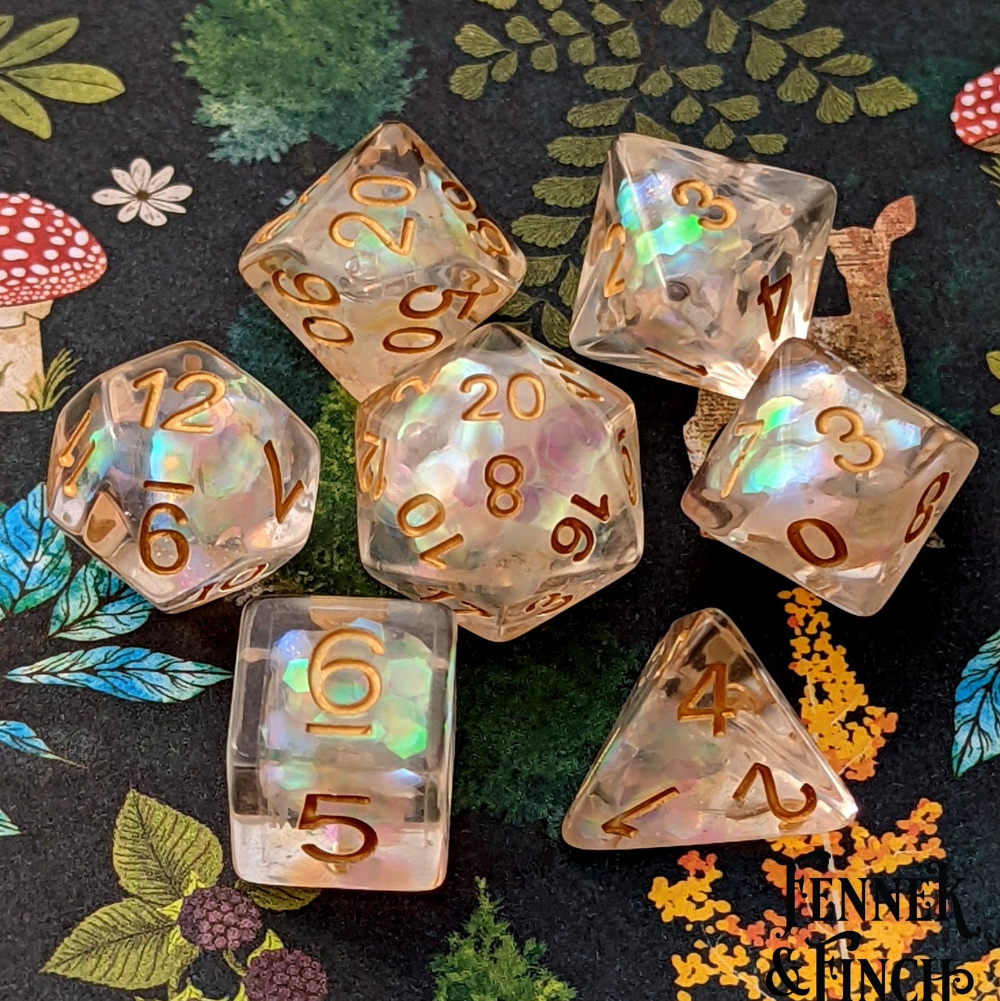 White Dragon Scales Dice Set. Iridescent Large Glitter Dice