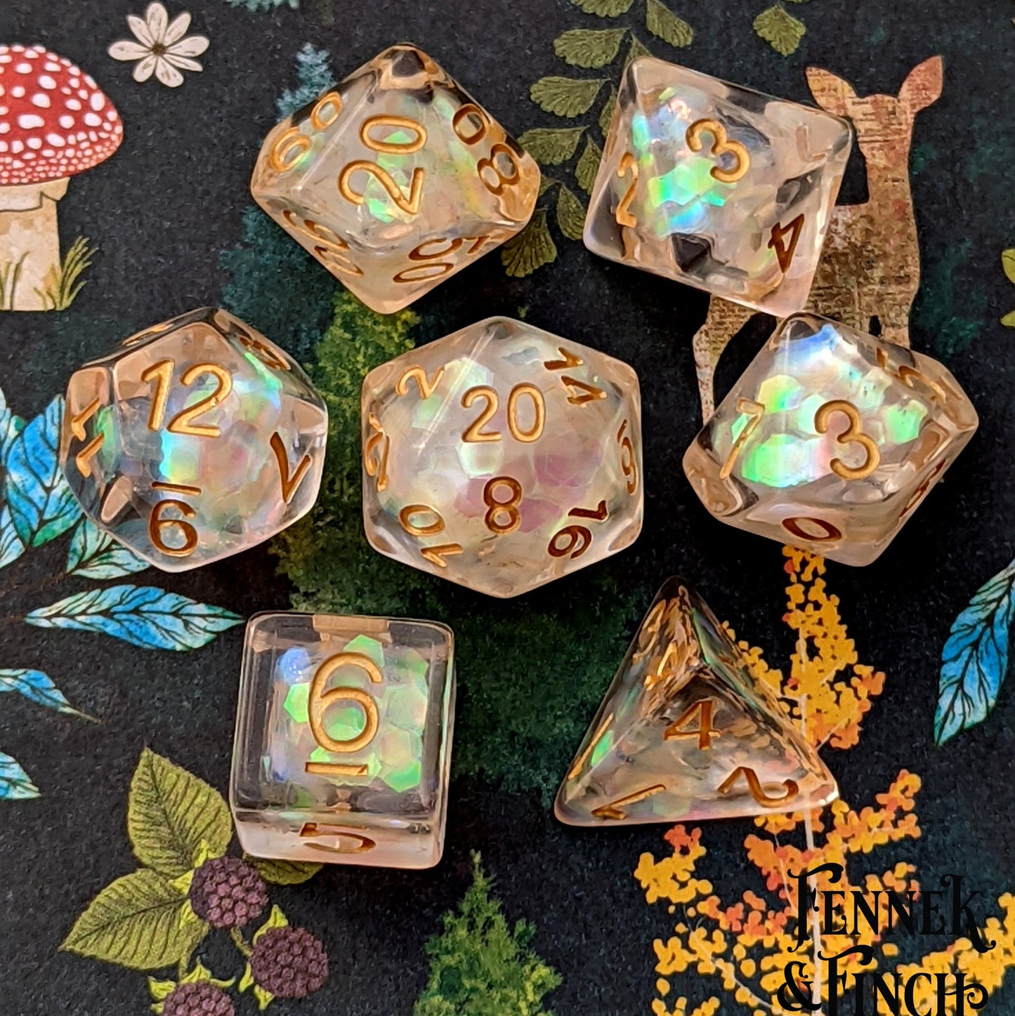 White Dragon Scales Dice Set. Iridescent Large Glitter Dice