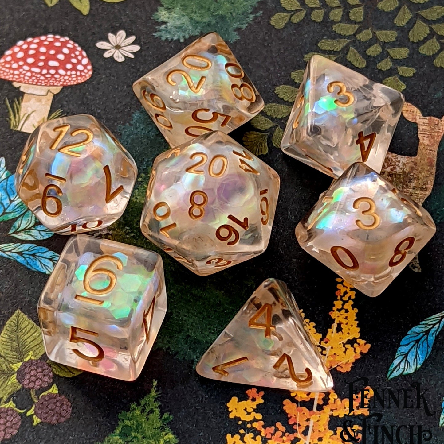 White Dragon Scales Dice Set. Iridescent Large Glitter Dice