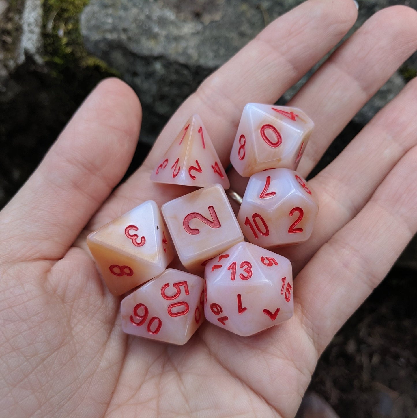 White Jade Dice Set – 7 - Piece Semi - Translucent Cloudy White Red Ink DnD Dice - Fennek and Finch
