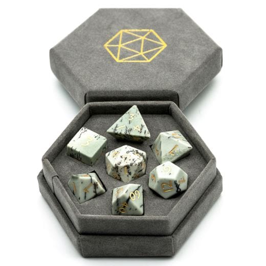 White Jasper Dice Set. Semi Precious Gemstone 7 Piece TTRPG Dice - CozyGamer