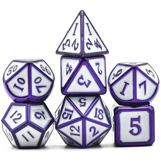 White Metal Dice with Purple Trim - CozyGamer