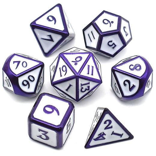 White Metal Dice with Purple Trim - CozyGamer