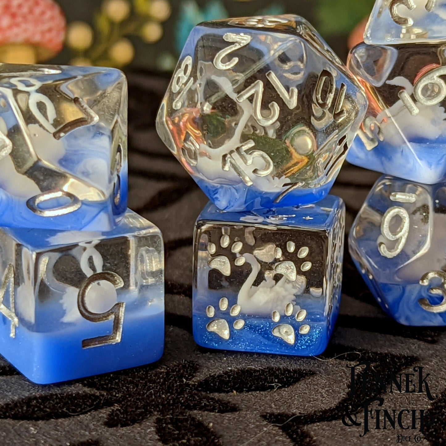 White Swan 8-piece DnD dice set with 3D-printed swans, featuring a unique D6 with cat wizard design, perfect for tabletop gaming.