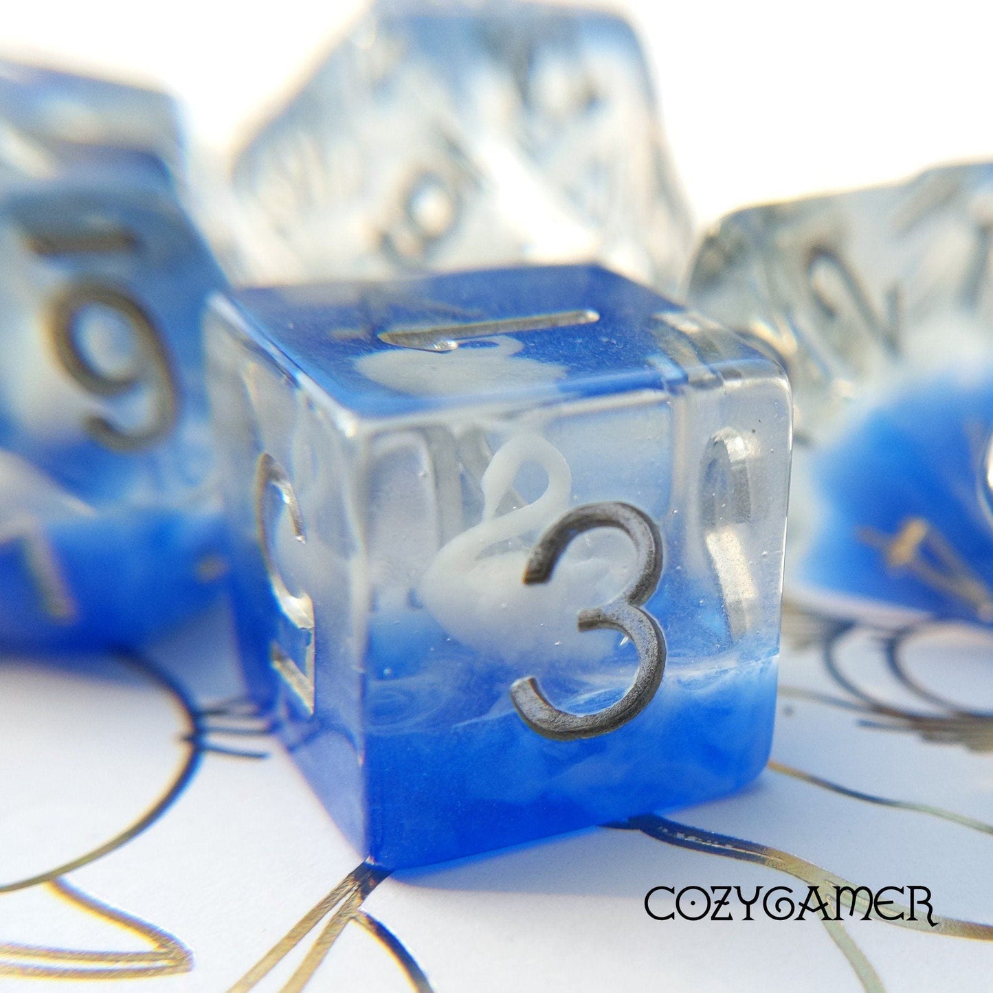 White Swan 3D Dice - Elegant 8-Piece DnD Set with 3D-Printed Swan, Extra D6 Featuring Cat Wizard on Crescent Moon, CozyGamer.