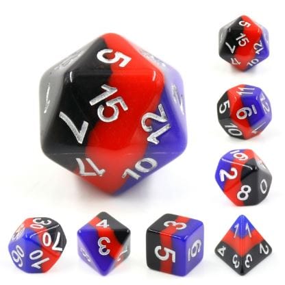 Windsor Castle Dice Set with opaque black, red, and blue layers featuring silver numbers, includes 7 polyhedral dice for RPG games.