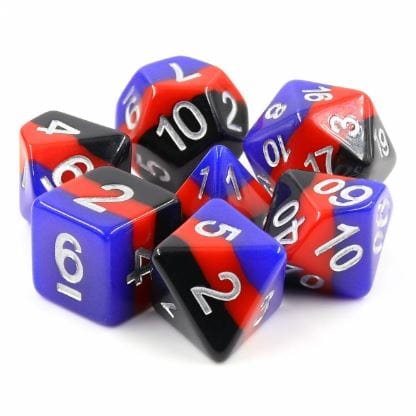 Windsor Castle Dice Set in red, black, and blue with silver numbers, 7-piece polyhedral set for tabletop games like Dungeons and Dragons.