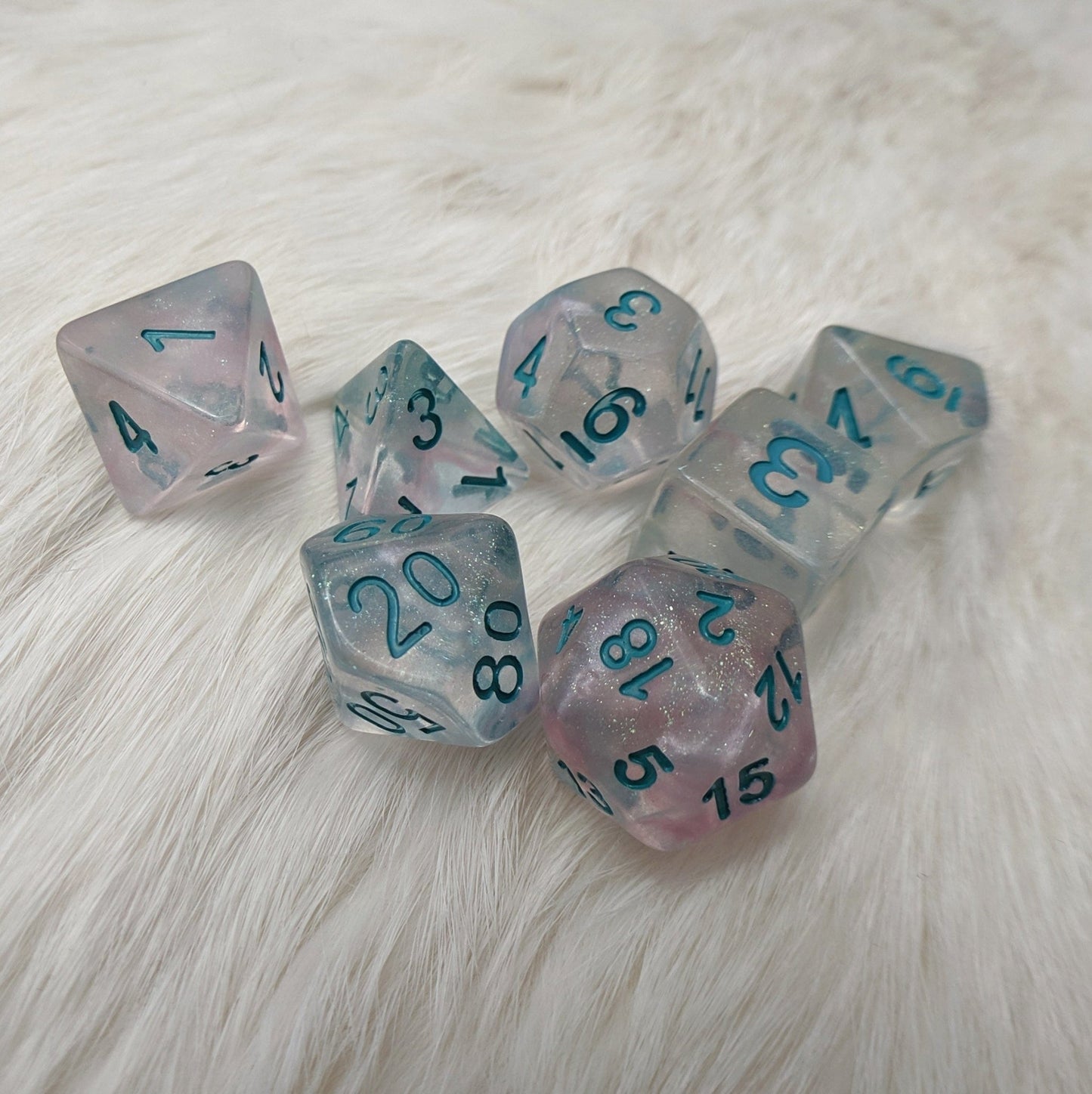 Winter Walker Dice Set – 7 - Piece Micro Glitter Pink Shimmer Blue Font Resin DnD - Fennek and Finch