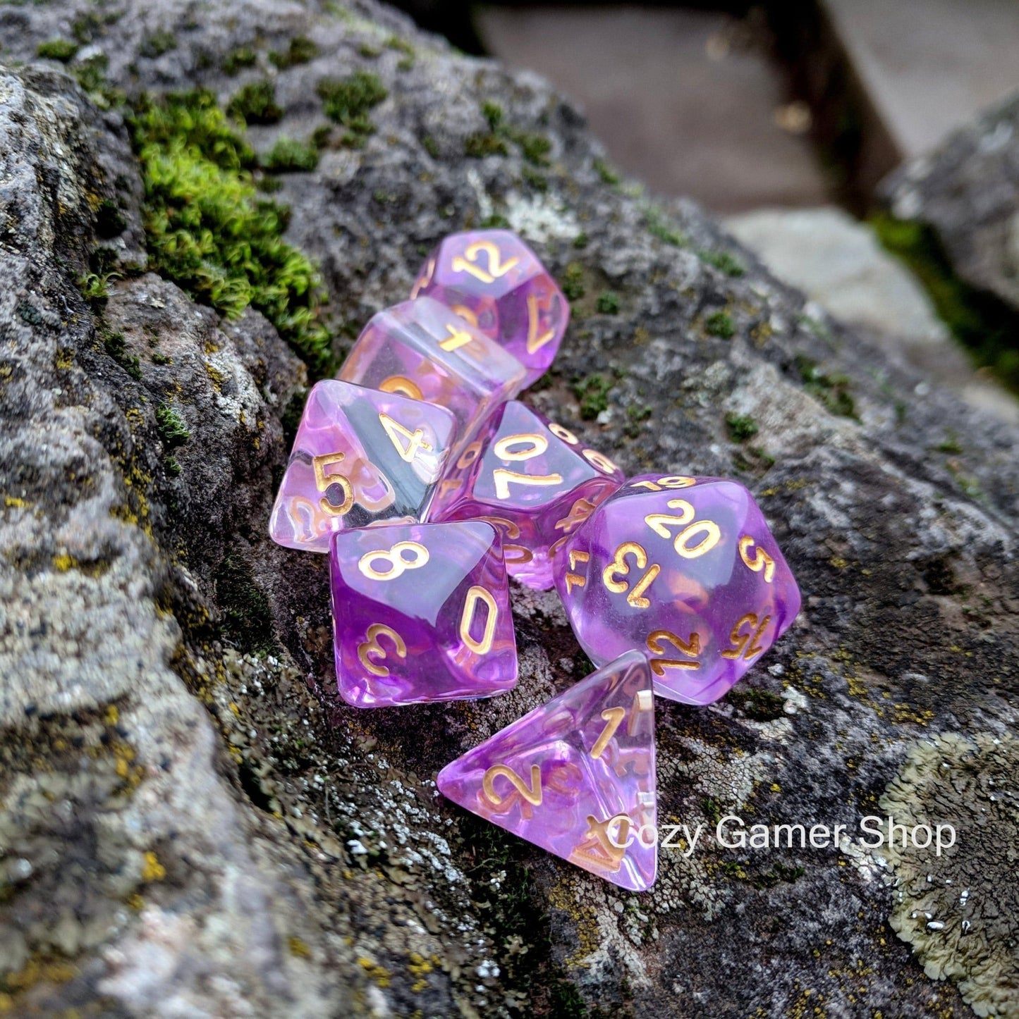 Witch Blood Dice Set – 7-Piece Clear Purple Ink Swirls Polyhedral DnD Dice Dice sets Fennek and Finch
