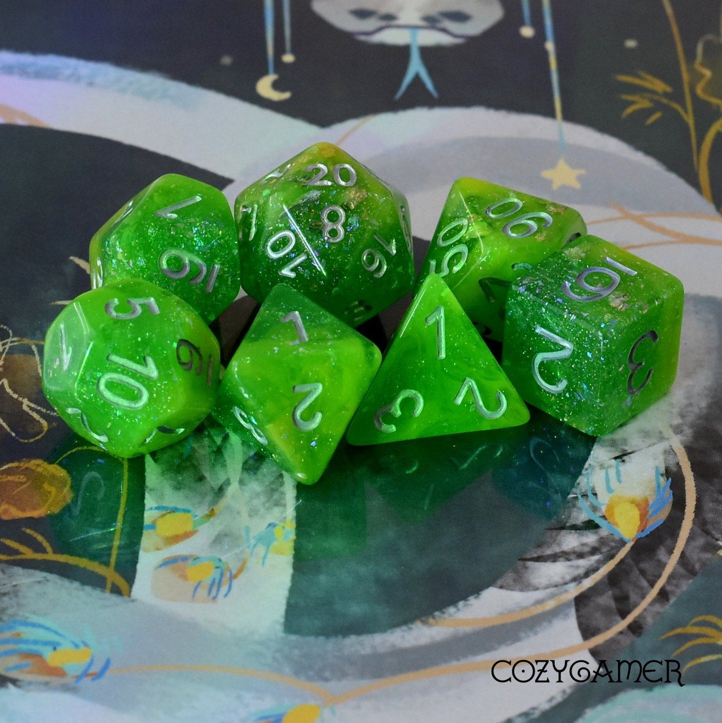Yellow and Green Seabed Treasure Dice Set. Opaque and Clear Marbled with Foil and Glitter