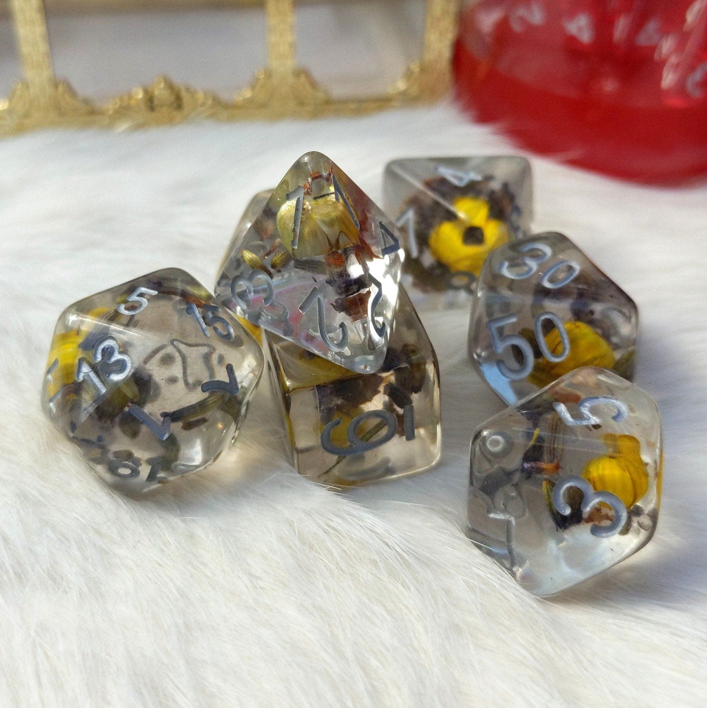 Yellow Flower and Lavender Dice Set. Real Dried Flower in Clear Resin Dice sets Fennek and Finch