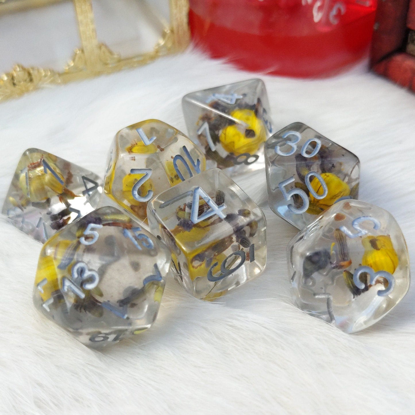 Yellow Flower and Lavender Dice Set. Real Dried Flower in Clear Resin Dice sets Fennek and Finch