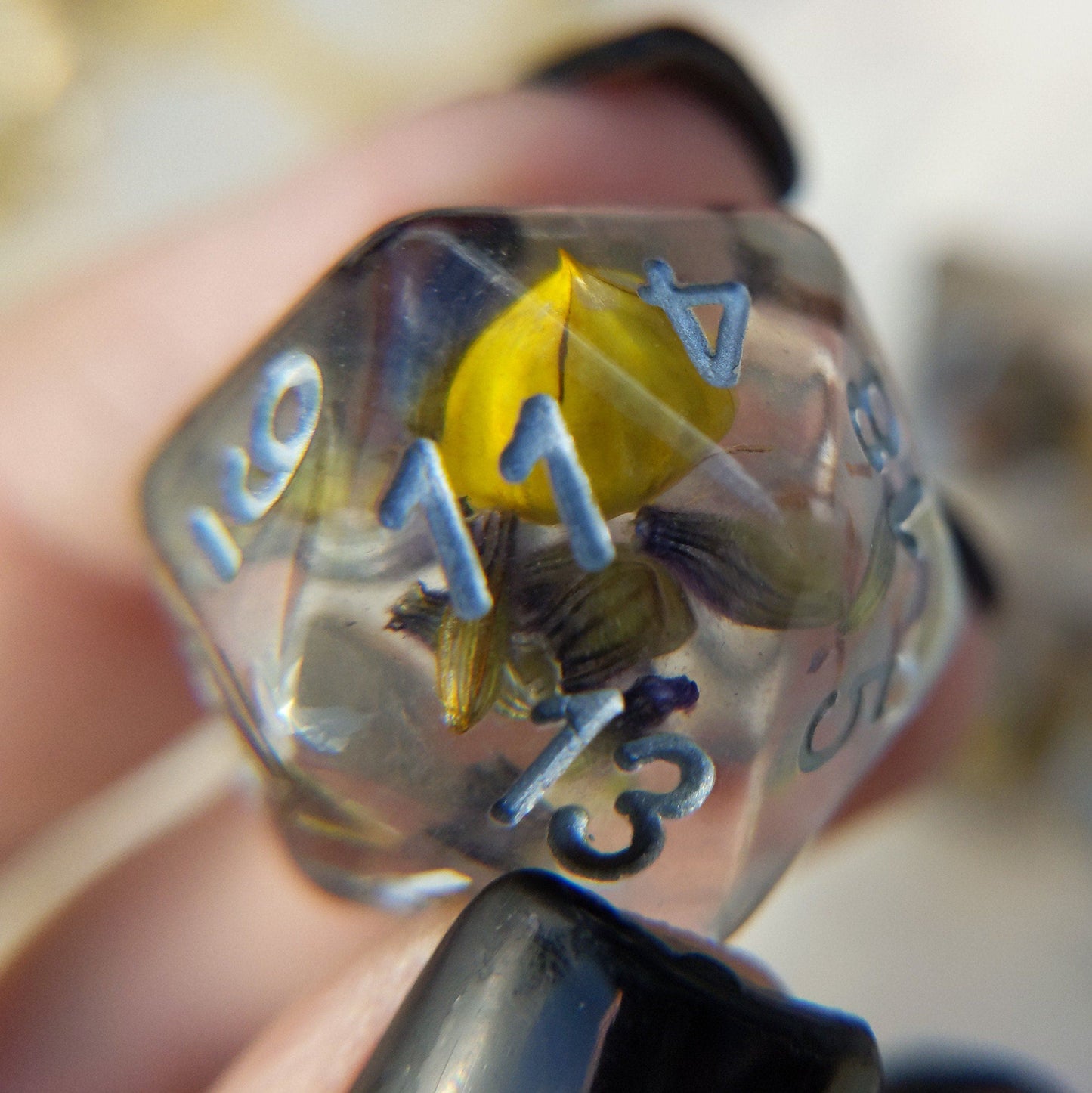 Yellow Flower and Lavender Dice Set. Real Dried Flower in Clear Resin Dice sets Fennek and Finch