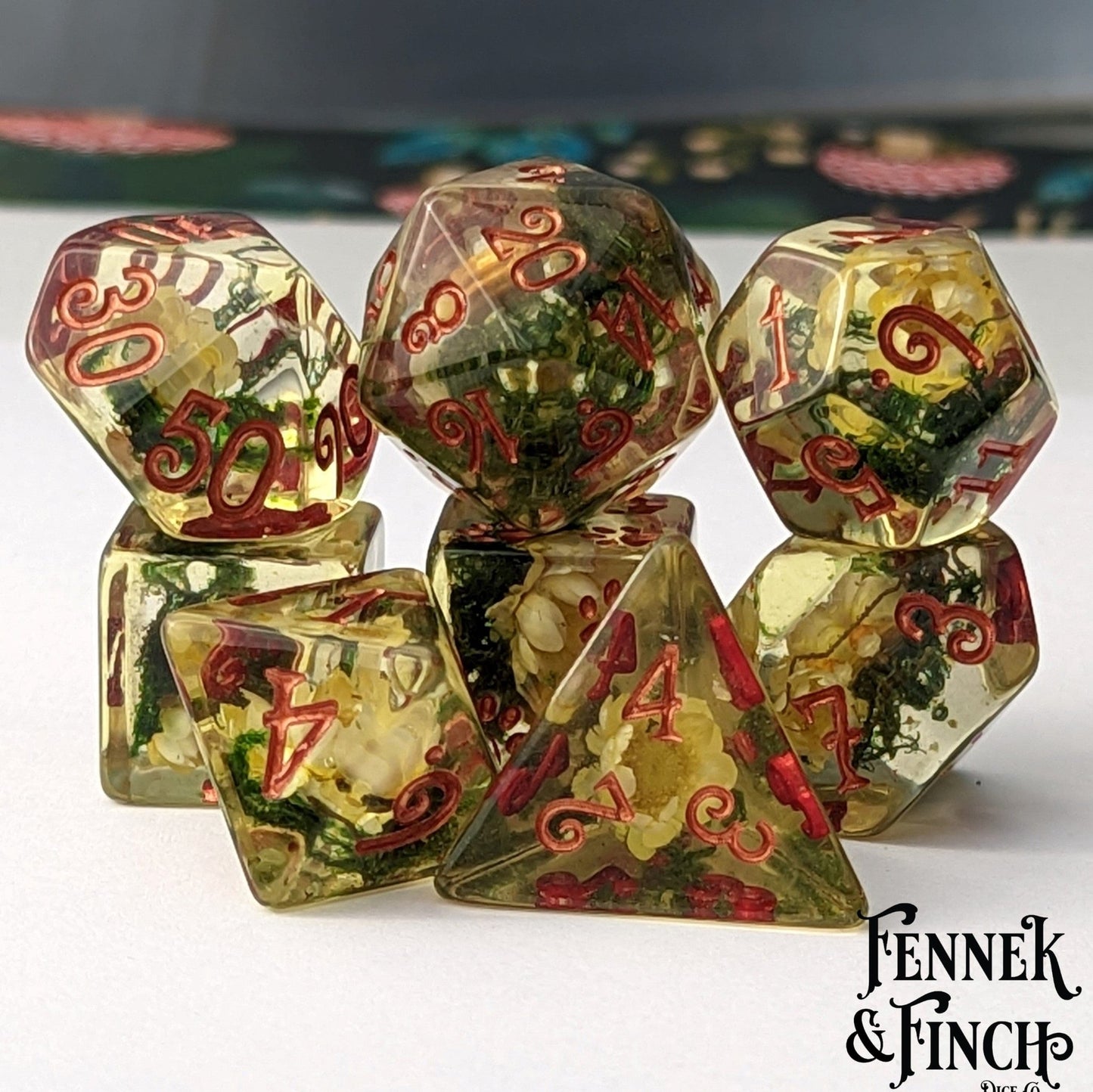 Yellow Flowers and Moss DnD Dice Set – 8 - Piece with Real Botanicals | Fennek & Finch - Fennek and Finch