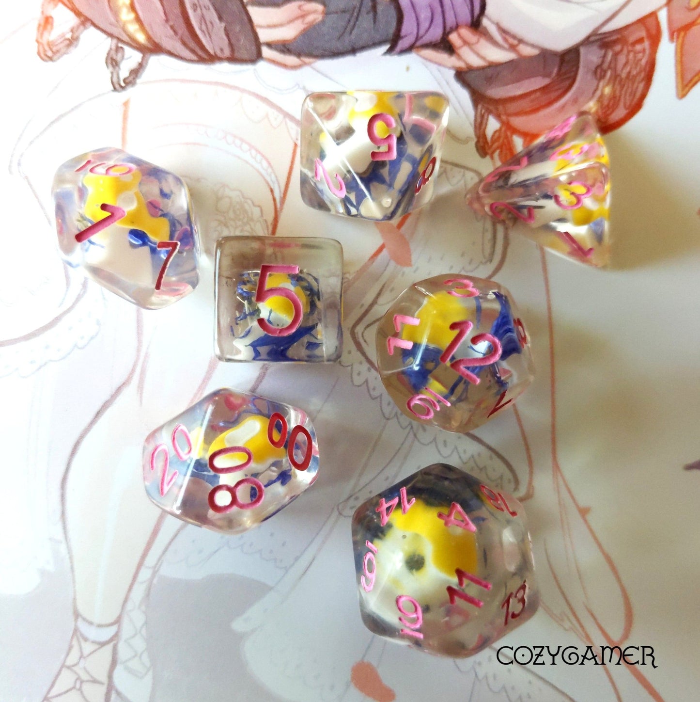 Yellow Mushroom and Blue Flower Dice Set – 7-Piece Botanical DnD Dice Dice Sets & Games Fennek and Finch