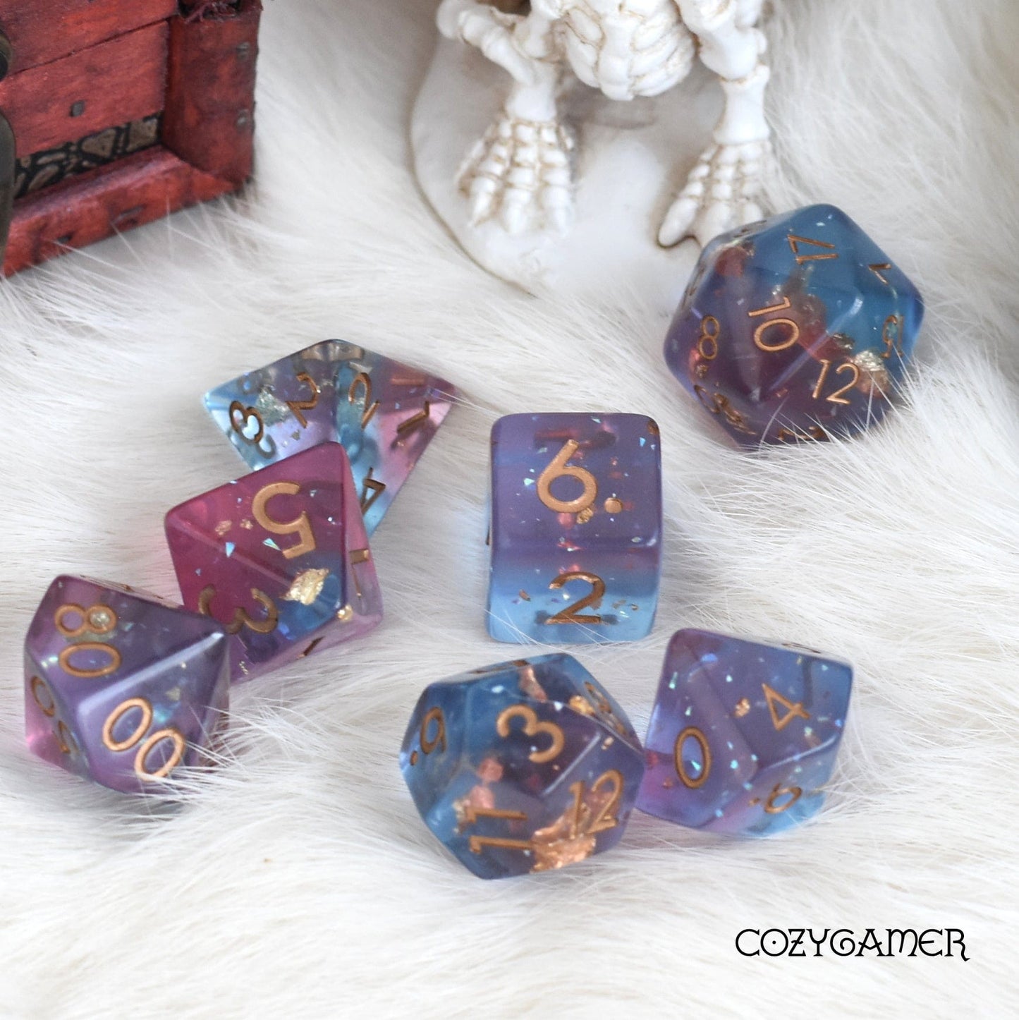 Zephyr Wine Dice Set. Clear Resin with Gold Foil