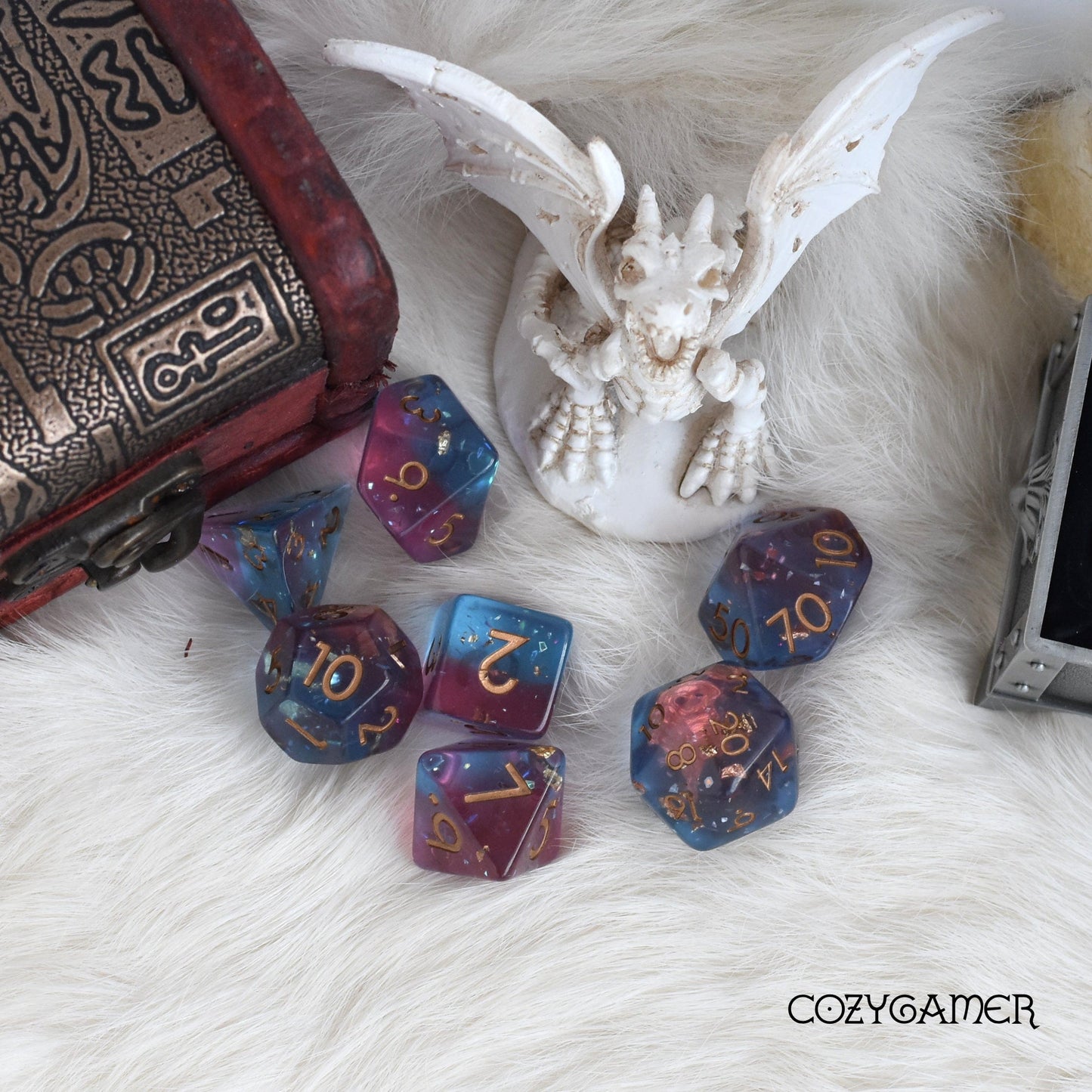 Zephyr Wine Dice Set. Clear Resin with Gold Foil
