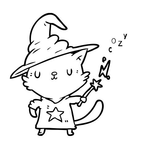 Cute cat wizard with starry robe and hat, holding a magical wand. Cozy Gamer Shop themed illustration.