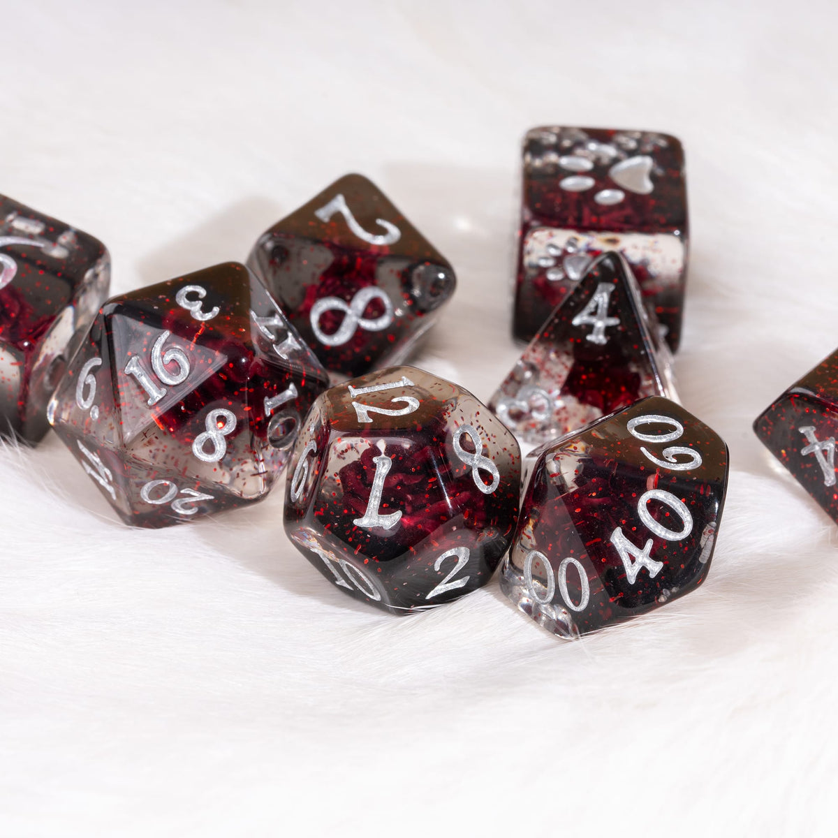 Bleeding Rose Dice Set – 8pc Resin Dice with a Red Rose and Glitter